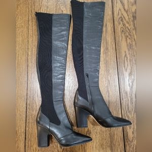 Sam Edelman Natasha Over Knee Thigh High Black Leather Stretch Heeled Boots